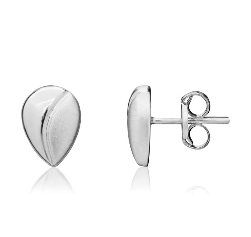 9ct White Gold Polished And Satin Finish Pear Shaped Stud Earrings — 6mm