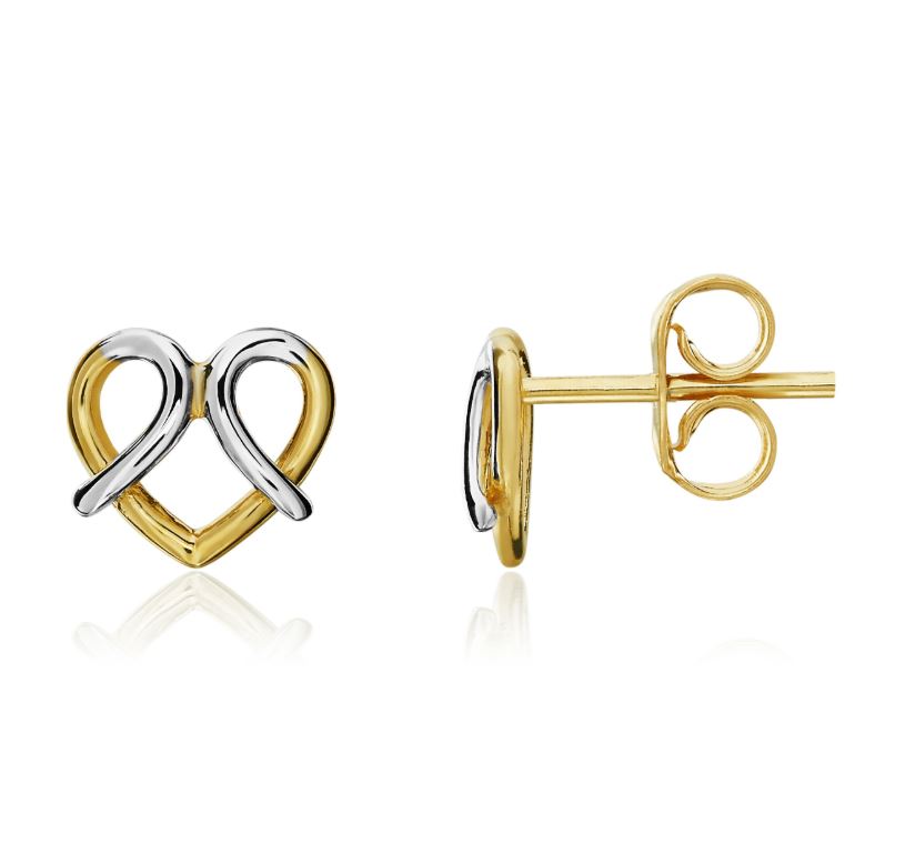 9ct Two Tone White and Yellow Gold Fancy Heart Stud Earrings — 7 x 8mm
