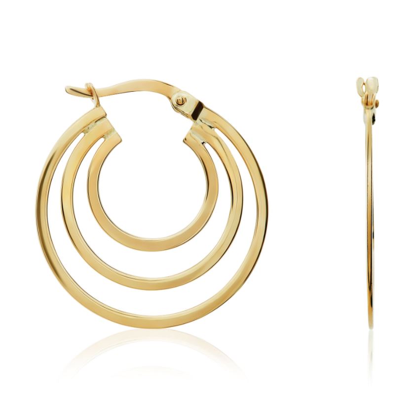 9ct Yellow Gold Triple Row Hoop Earrings — 22.5mm