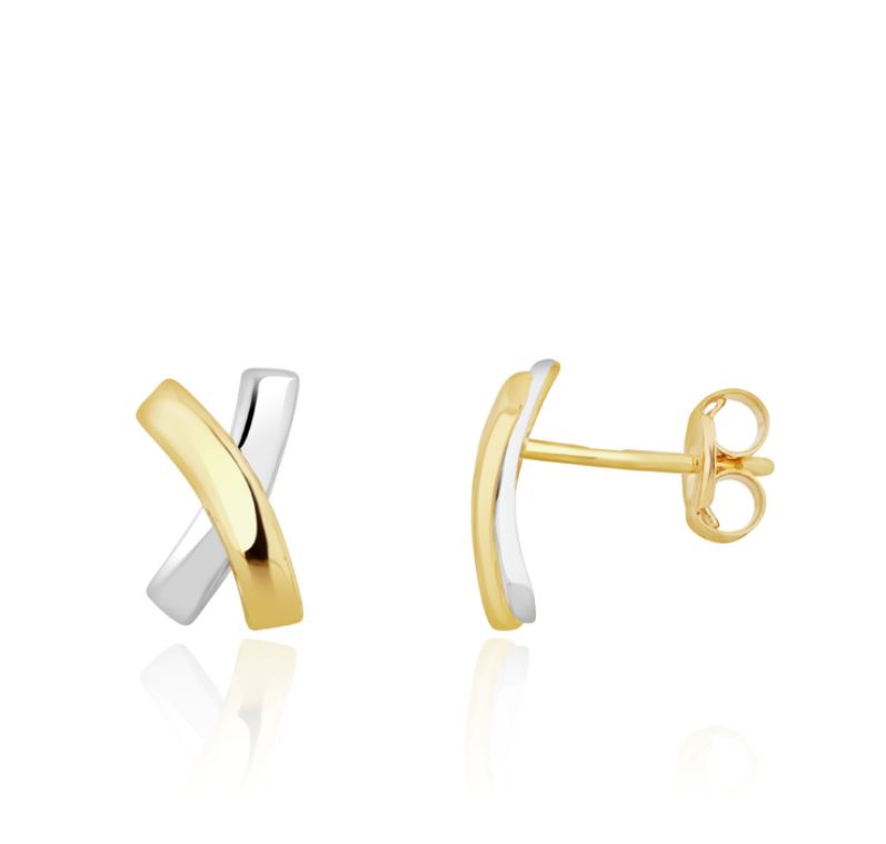 9ct Two Tone Yellow and White Gold Cross Stud Earrings — 10x5.5mm