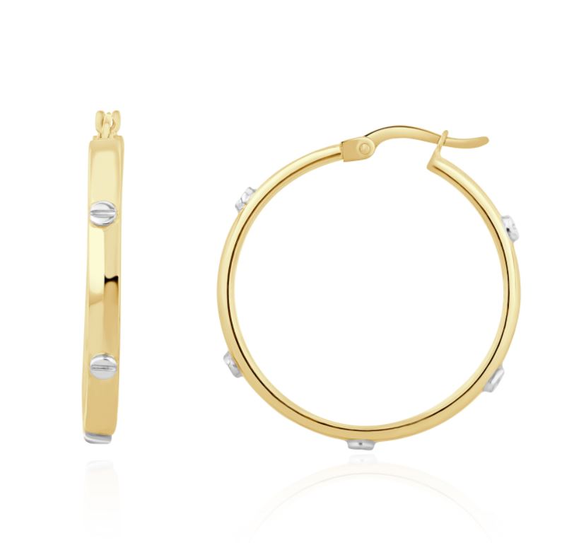 9CT Two Tone White & Yellow Gold Hoop Earrings with Screws - 28x3mm
