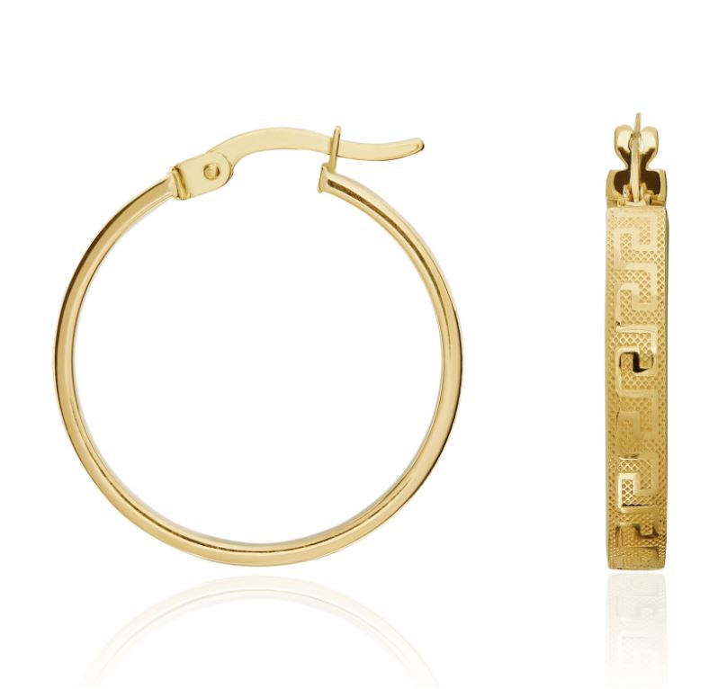 9ct Yellow Gold Square Section Greek Key Design Round Hoop Earrings – 24mm