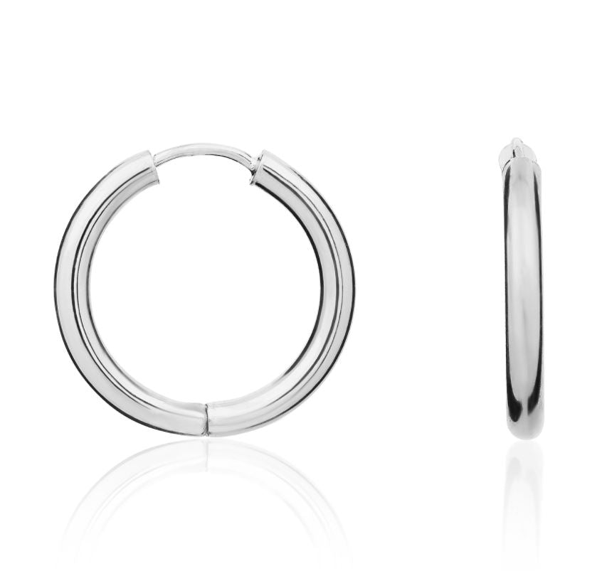 9ct White Gold Polished Round Hinged Hoop Earrings – 20x2.5mm