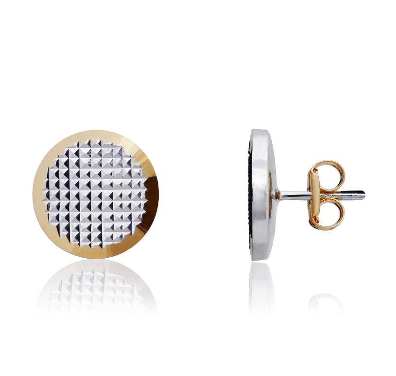 9ct Two Tone White and Yellow Gold Engine Turned Flat Disc Earrings — 10.5mm