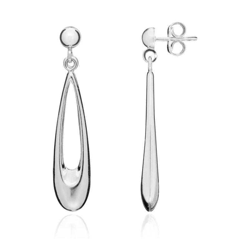 9ct White Gold Long Open Pear Shaped Drop Earrings with Polished Half Bead Top — 35x6.5mm