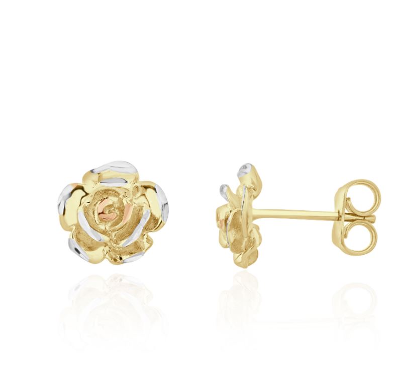 9ct Three Tone Yellow, White and Rose Gold Rose Stud Earrings - 9.5mm
