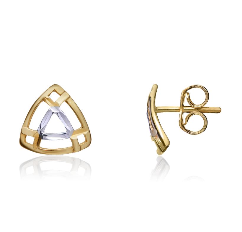 9ct Two Tone White and Yellow Gold Lattice Triangle Stud Earrings — 9mm