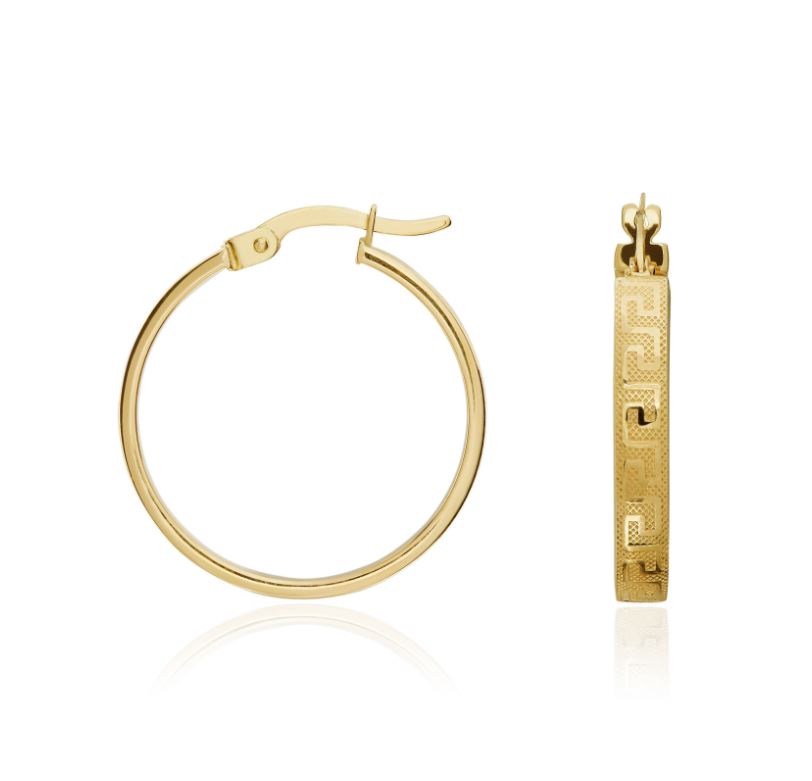 9ct Yellow Gold Square Section Greek Key Design Round Hoop Earrings – 19x3.5mm