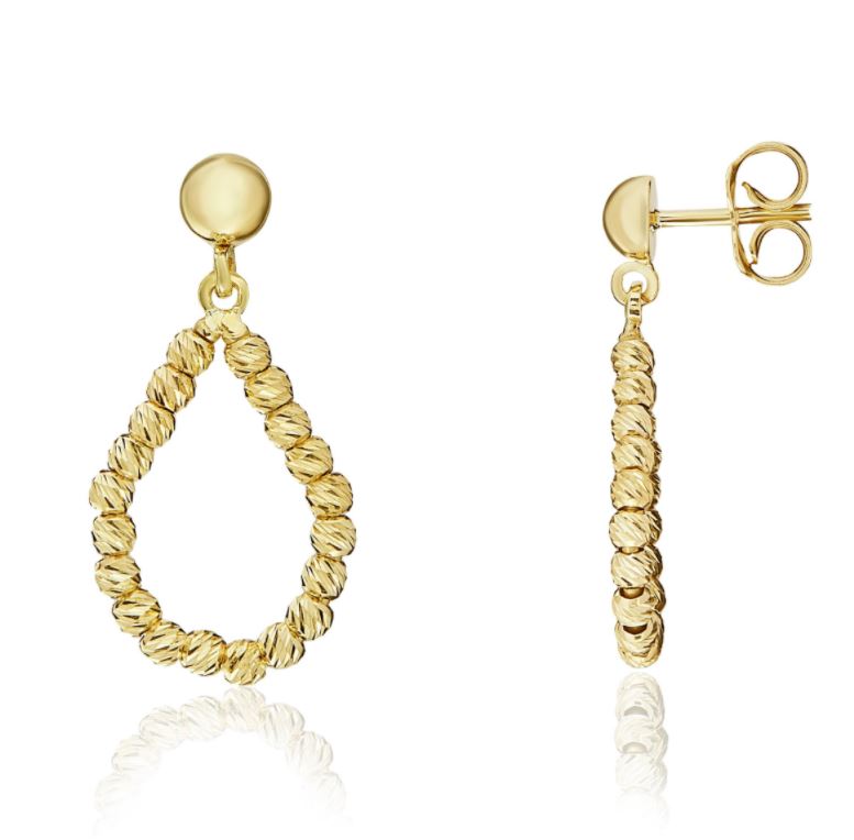 9ct Yellow Gold Diamond Cut Bead Pear Shaped Drop Earrings – 23x11mm