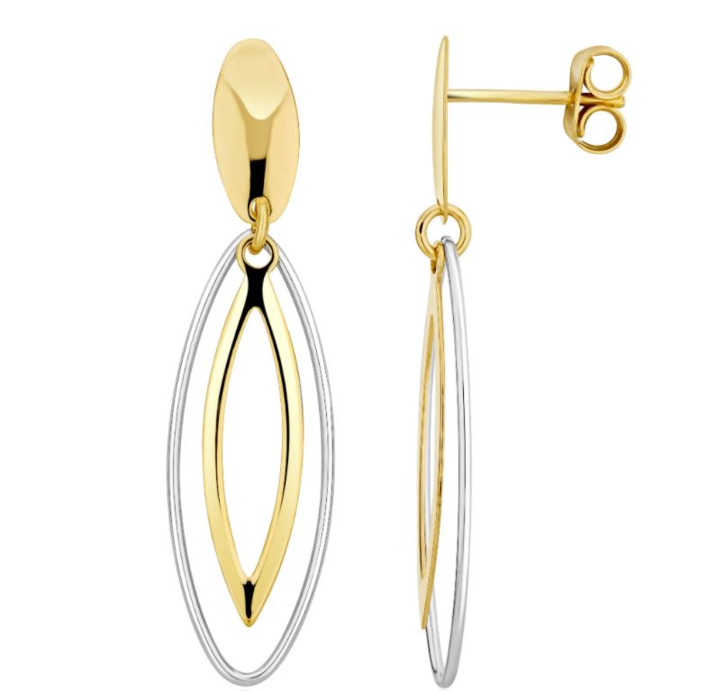 9ct Two Tone White and Yellow Gold Double Open Marquise Drop Earrings — 40mm