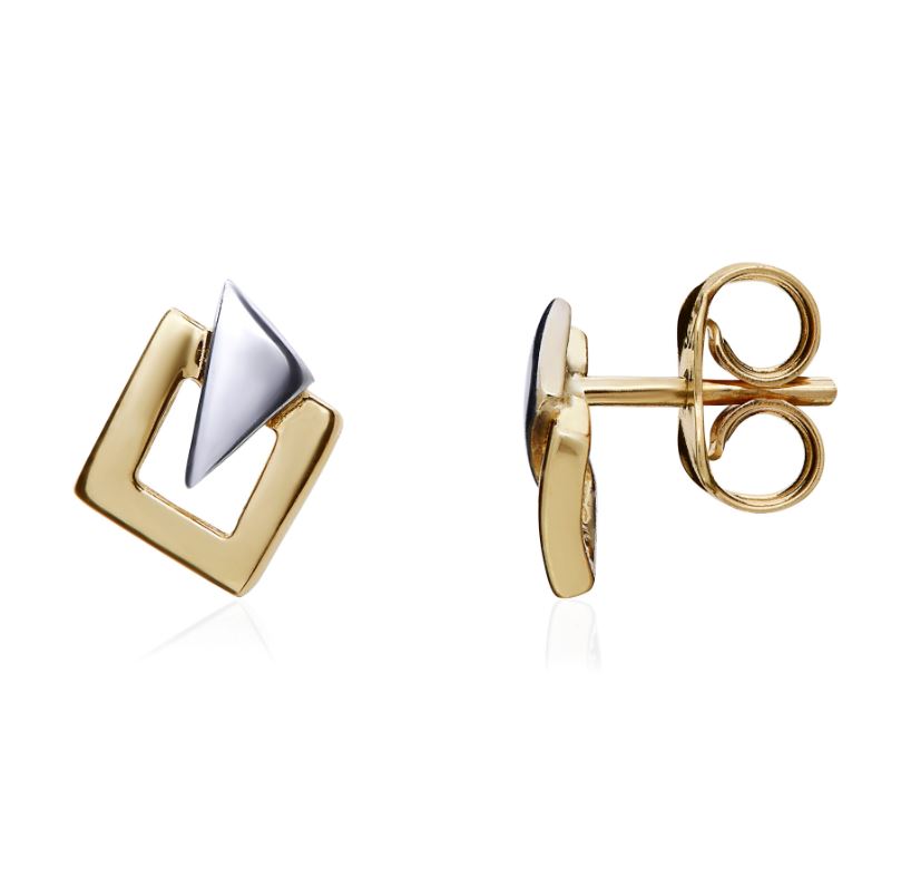 9ct Two Tone White and Yellow Gold Square and Triangle Stud Earrings — 6.5mm