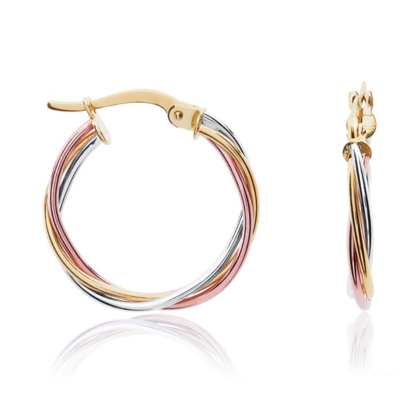 9ct Three Tone Yellow, White And Rose Gold Thin Wire Russian Hoop Earrings – 19.5x2.5mm