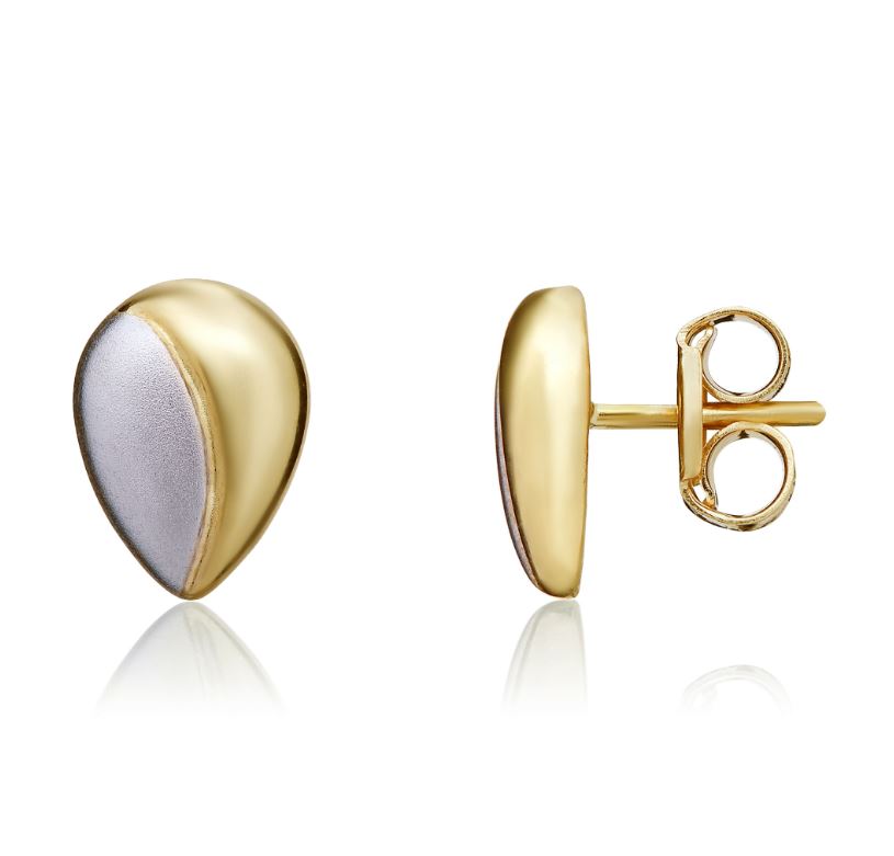 9ct Two Tone Yellow and White Gold Pear Stud Earrings – 8mm x 6mm