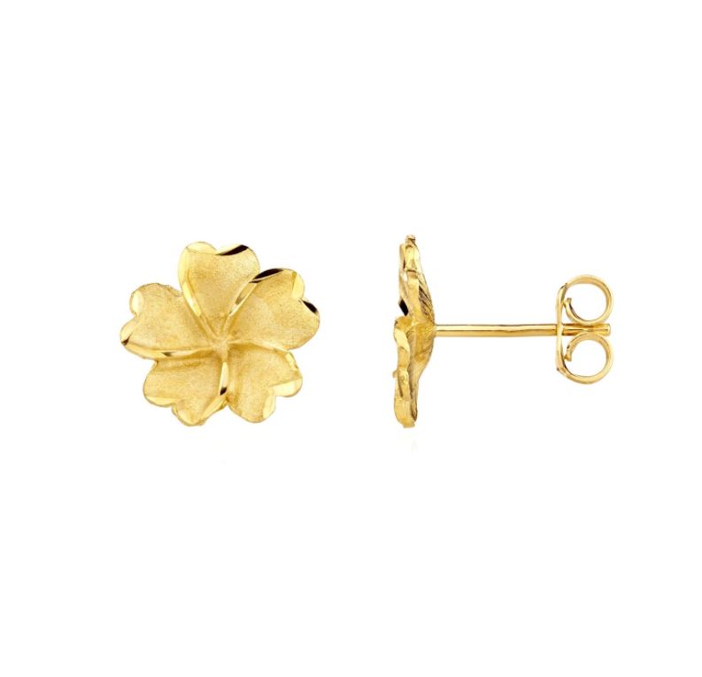 9ct Yellow Gold Satin and Polished Five Petal Flower Stud Earrings — 12mm