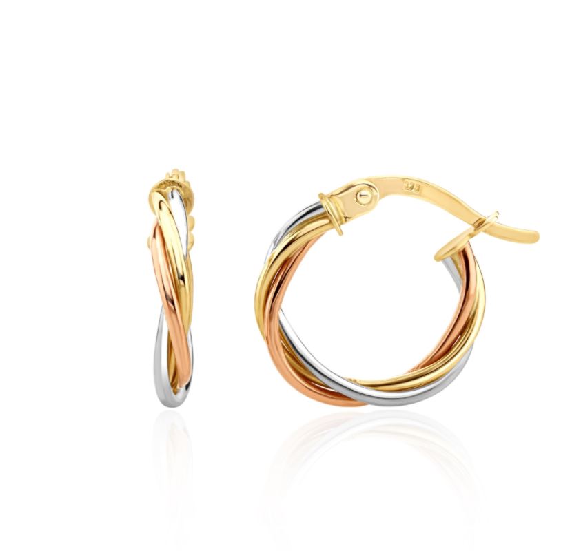 9ct Three Tone Gold Russian Wedding Hoop Earrings — 14mm