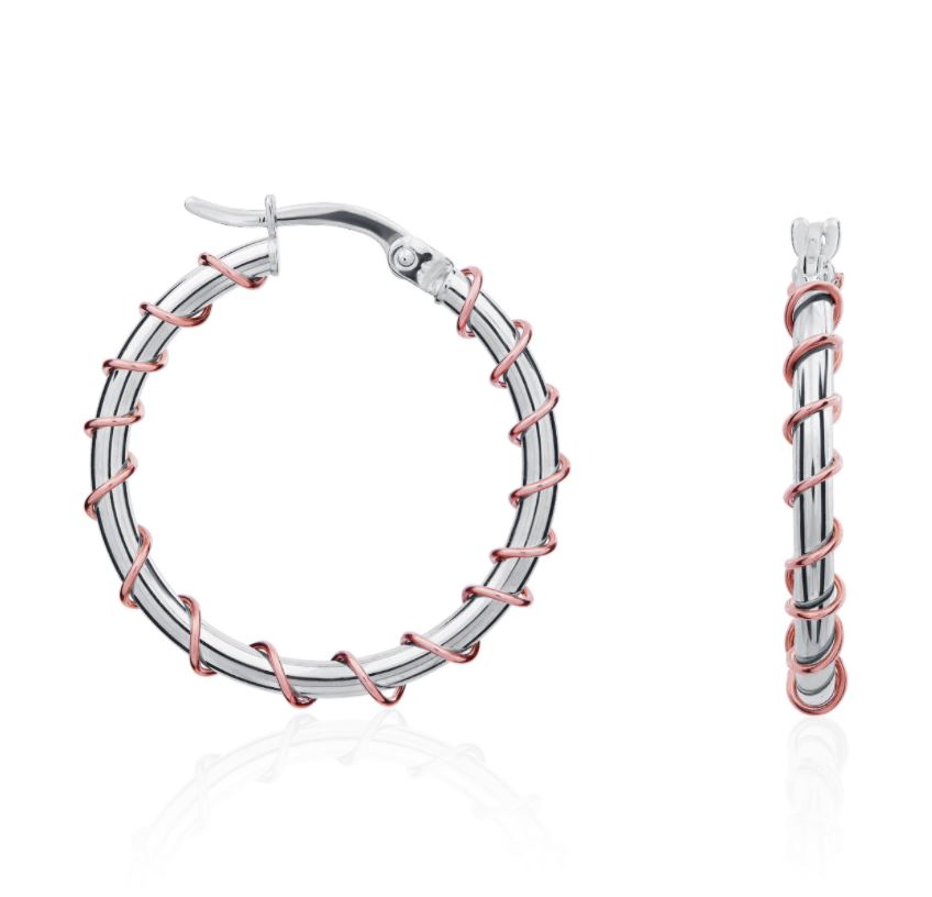 9ct Two Tone White Gold Round Hoop Earrings with Rose Gold Wire Twist Detail – 24x3mm