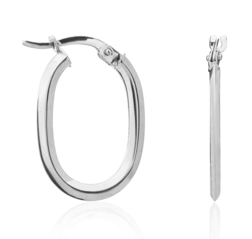 9ct White Gold Polished Flat Bevelled Oval Hoop Earrings – 22mm