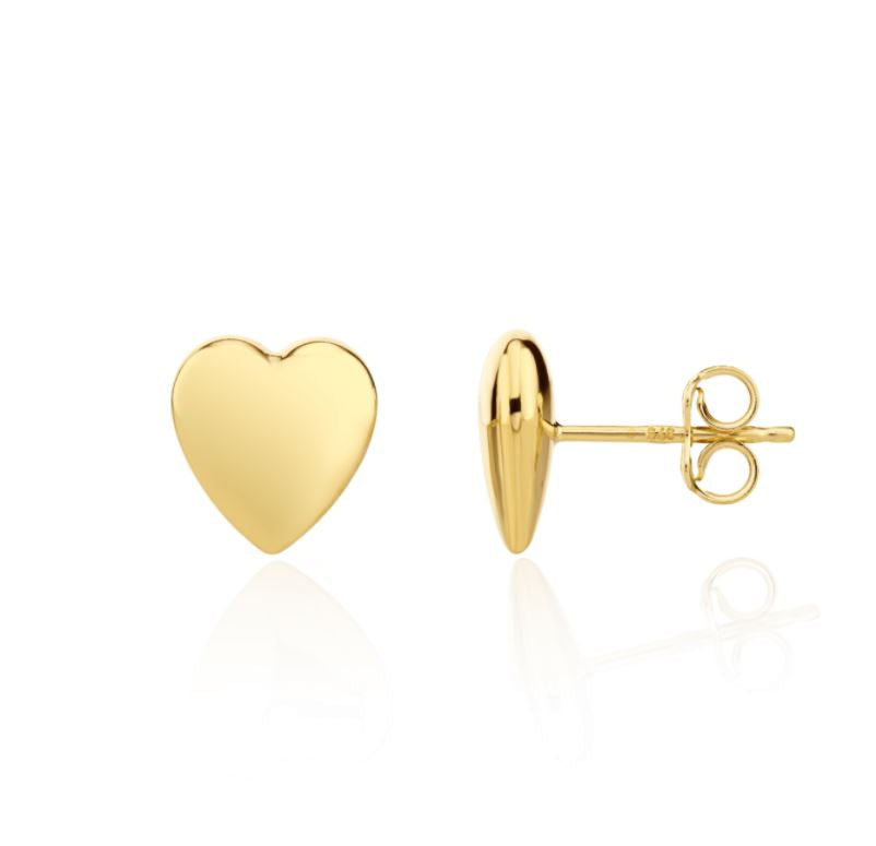 9ct Yellow Gold Polished Puff Heart Stud Earrings — 10mm x 8.5mm