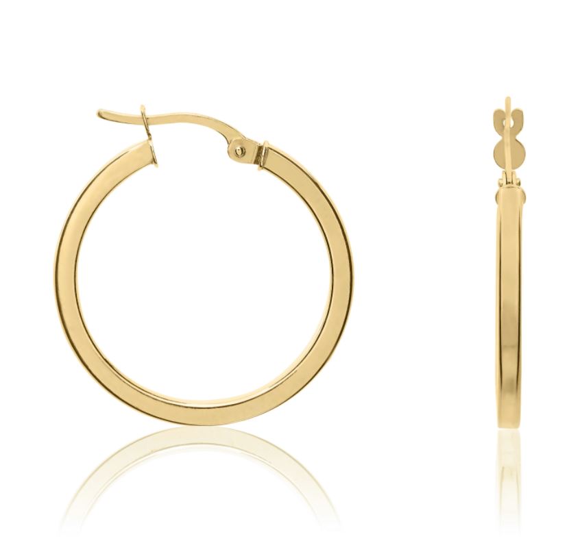 9ct Yellow Gold Square Tube Round Hoop Earrings – 24x2mm