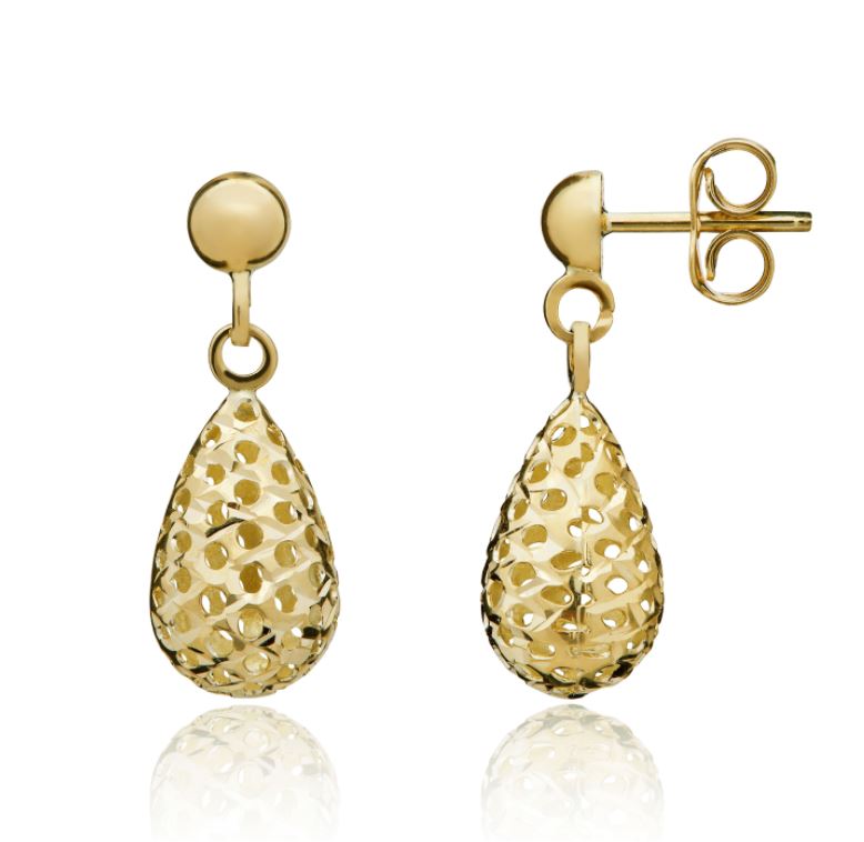 9ct Yellow Gold Pierced Bombe Drop Earrings – 20x7mm