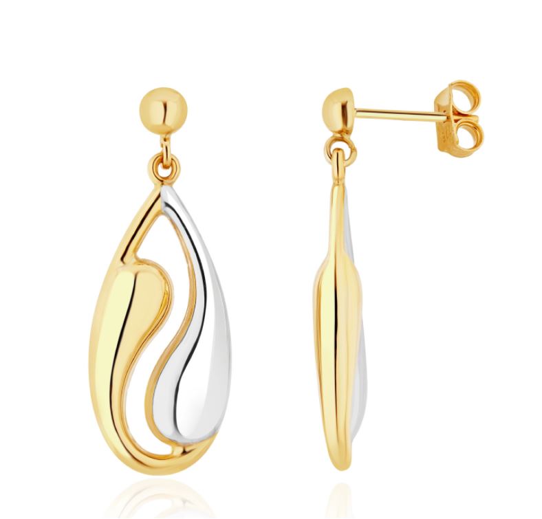 9CT Two Tone White & Yellow Gold Yin Yang Pear Drop Earrings – 32x12mm