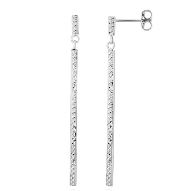 9ct White Gold Long Pattern Bar Drop Earrings – 50x2mm