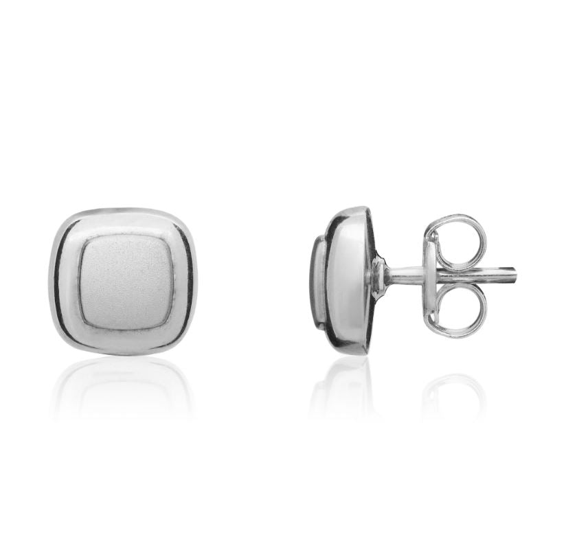 9ct White Gold Satin Centre Cushion Stud Earrings with Polished Border — 6.7mm