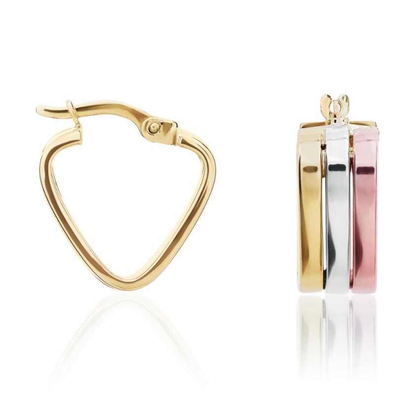 9ct Three Tone Yellow, White And Rose Gold 3 Row Triangular Hoop Earrings – 15x15mm