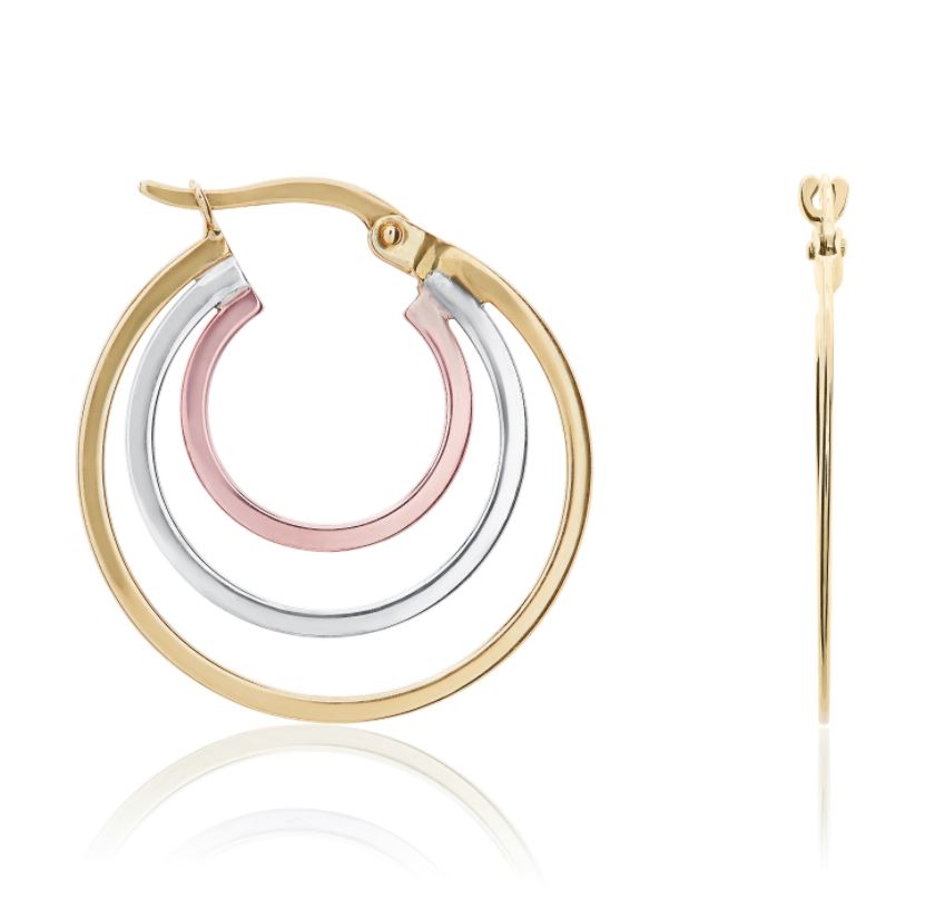 9ct Three Tone Yellow, White and Rose Gold Flat Triple Hoop Earrings – 23mm