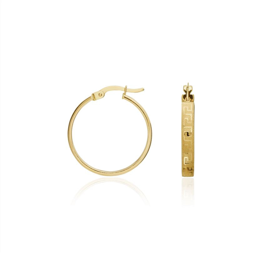 9ct Yellow Gold Square Section Greek Key Design Round Hoop Earrings – 14mm