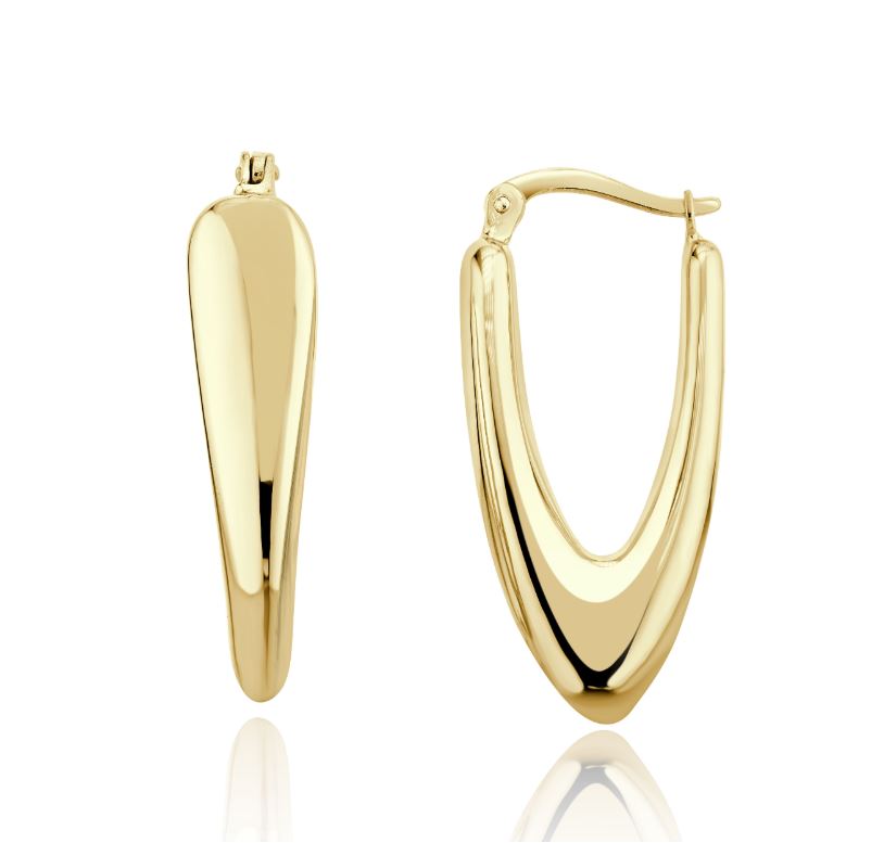 9ct Yellow Gold Chunky V-Shaped Hoop Earrings — 30x13.5mm