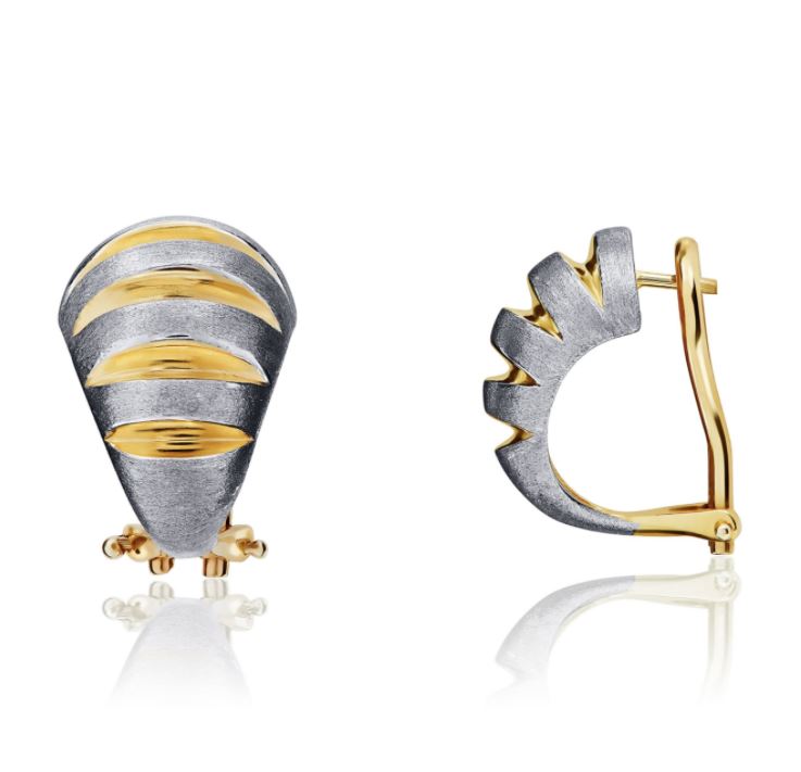 9ct Two Tone Yellow and White Polished and Satin Ribbed Peg Clip Earrings - 17mm