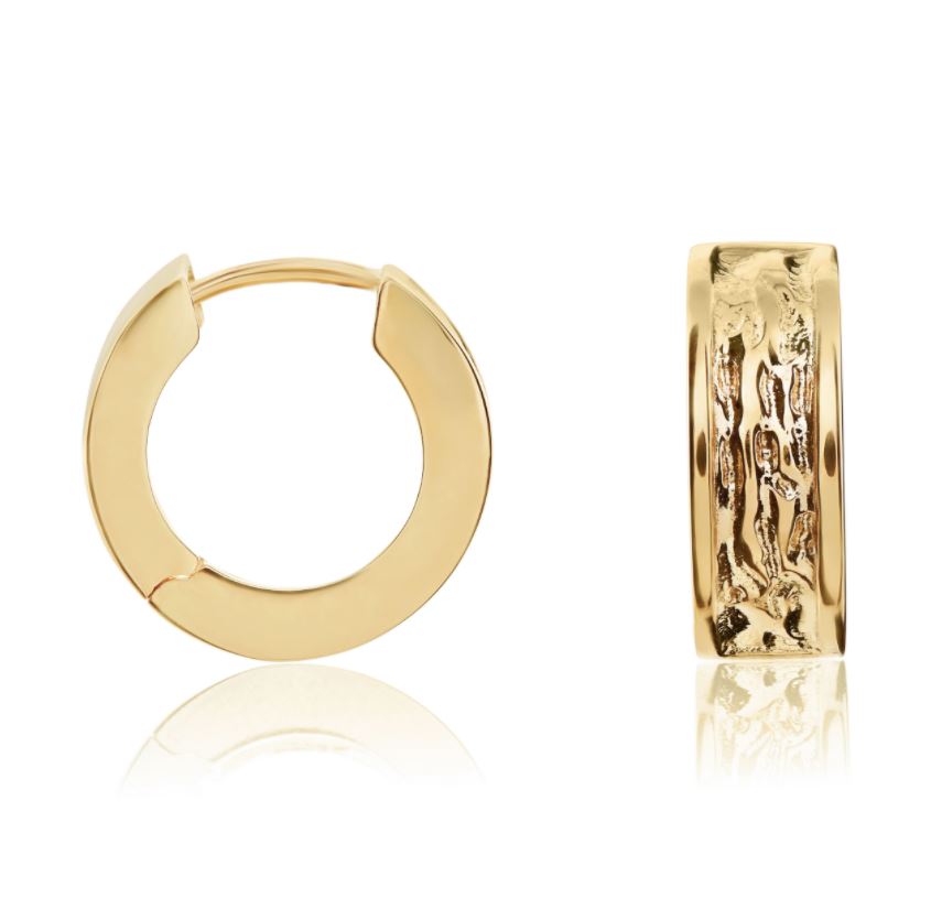 9ct Yellow Gold Textured Squared Round Huggie Earrings – 13.5x5mm