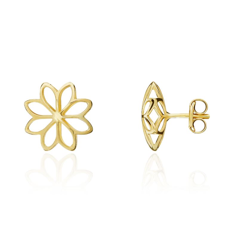 9ct Yellow Gold Polished Openwork Eight Petal Flower Star Stud Earrings — 11mm