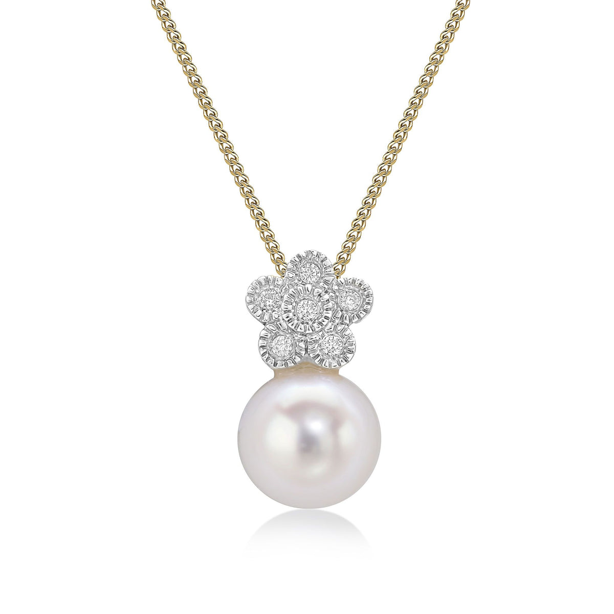 9ct Yellow Gold Natural Diamond and Pearl Flower Cluster Pendant