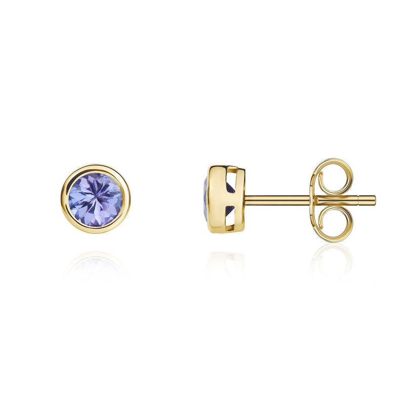 9ct Yellow Gold Round Natural Tanzanite Stud Earrings — 4mm