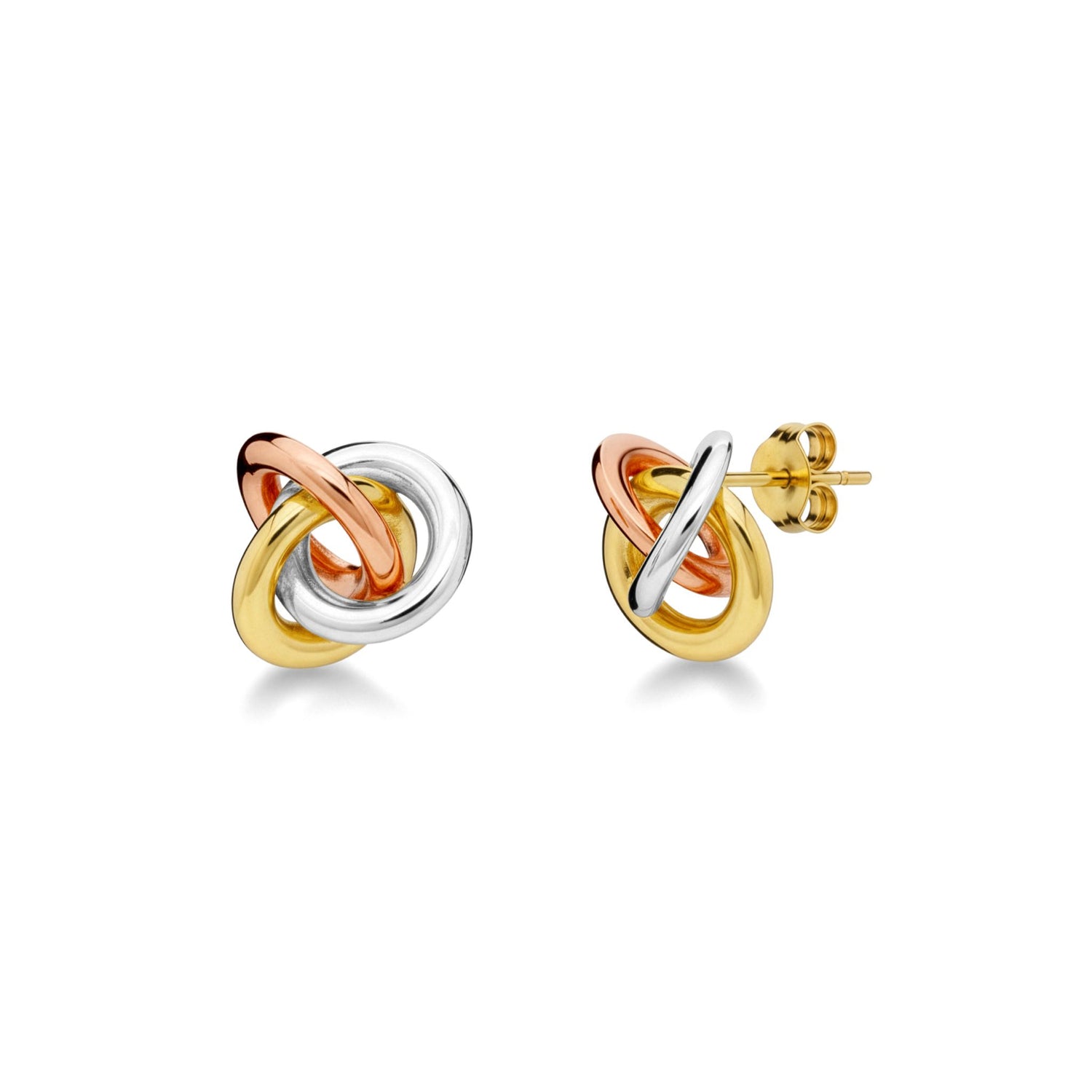 9ct Three-Tone Gold Polished 3-Strand Open Knot Stud Earrings — 12mm