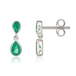 9ct White Gold Pear Shaped Natural Emerald Two Stone Rubover Drop Earrings