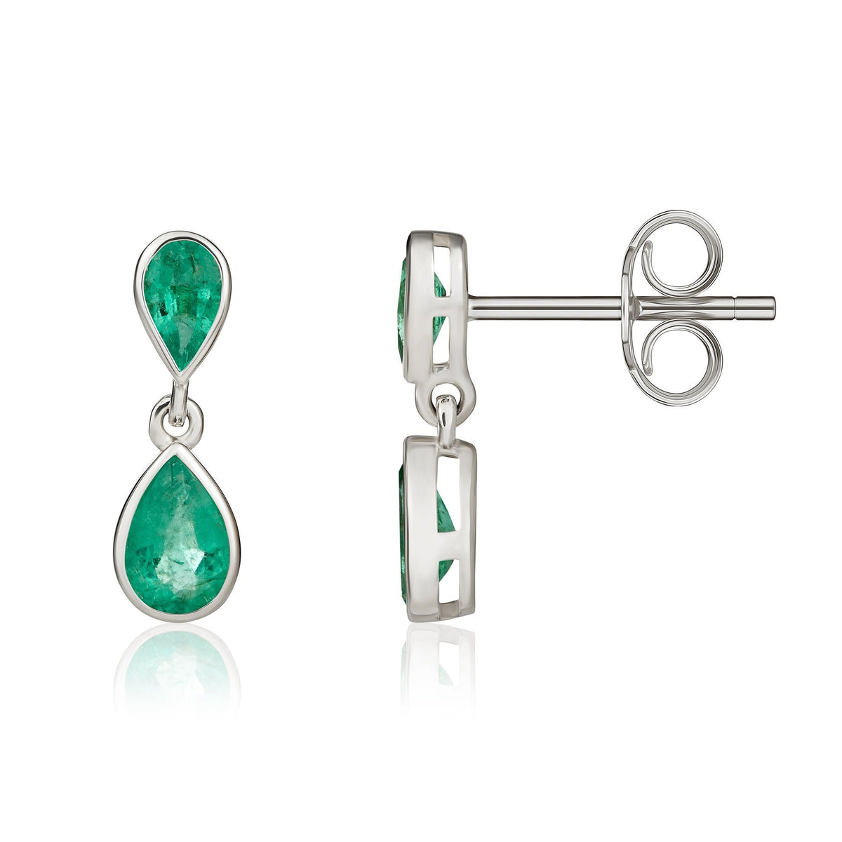 9ct White Gold Pear Shaped Natural Emerald Two Stone Rubover Drop Earrings