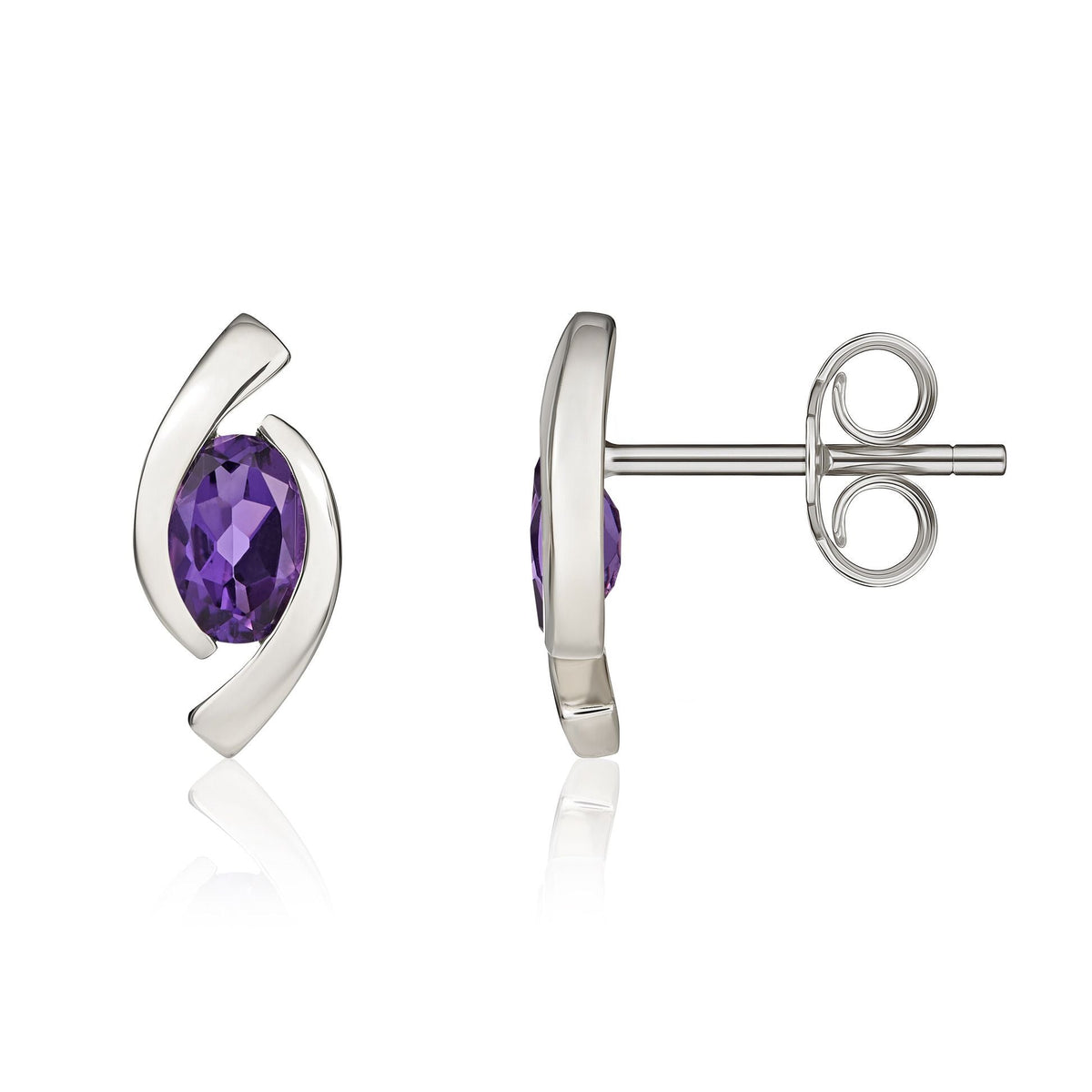 9ct White Gold Oval Natural Amethyst 'Eye' Stud Earrings — 6x4mm