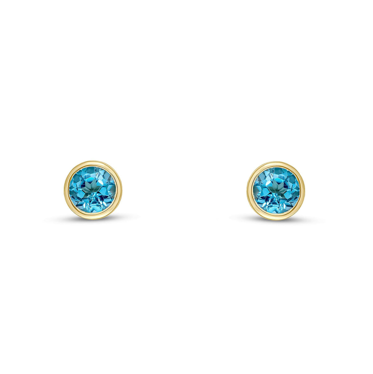 9ct Yellow Gold Round Natural Swiss Blue Topaz Rubover Stud Earrings — 4mm