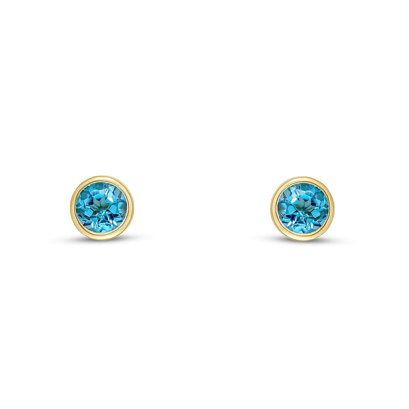 9ct Yellow Gold Round Natural Swiss Blue Topaz Rubover Stud Earrings — 4mm