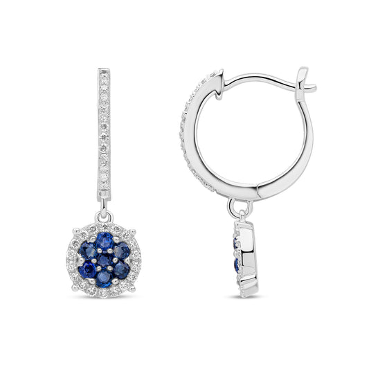 9ct White Gold Natural Sapphire and Diamond Halo Drop Earrings