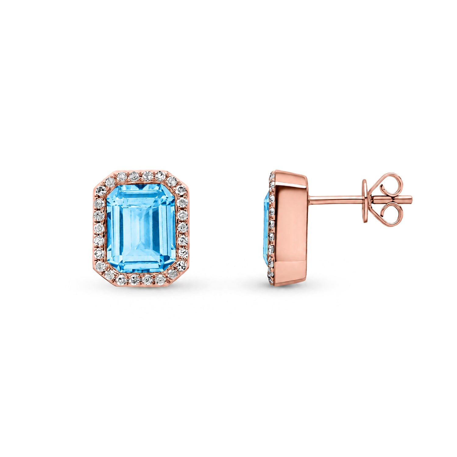9ct Rose Gold Natural Blue Topaz and Diamond Octagon Stud Earrings