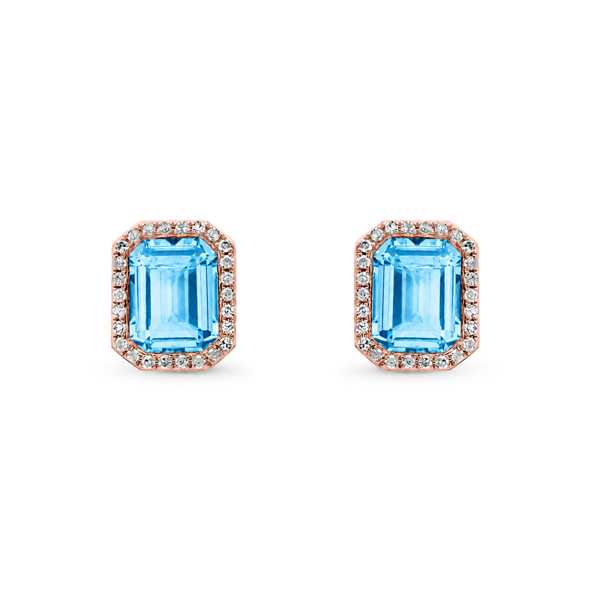 9ct Rose Gold Natural Blue Topaz and Diamond Octagon Stud Earrings