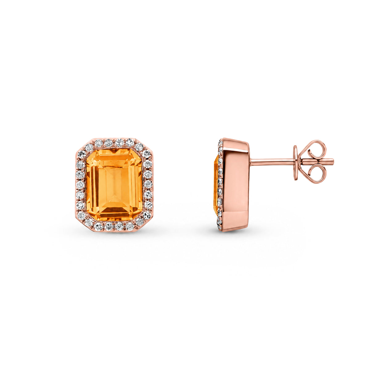 9ct Rose Gold Natural Citrine and Diamond Octagon Stud Earrings