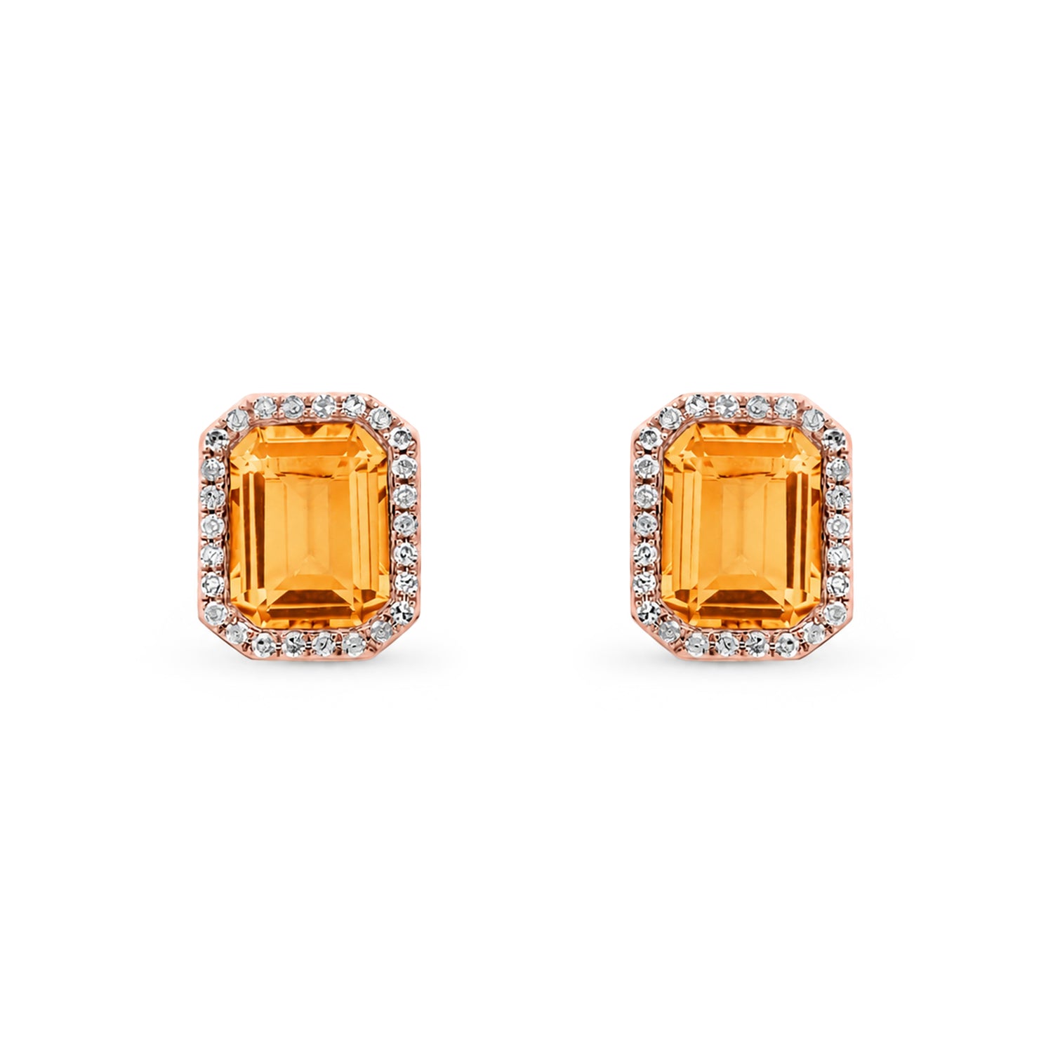 9ct Rose Gold Natural Citrine and Diamond Octagon Stud Earrings