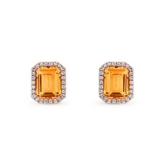 9ct Rose Gold Natural Citrine and Diamond Octagon Stud Earrings