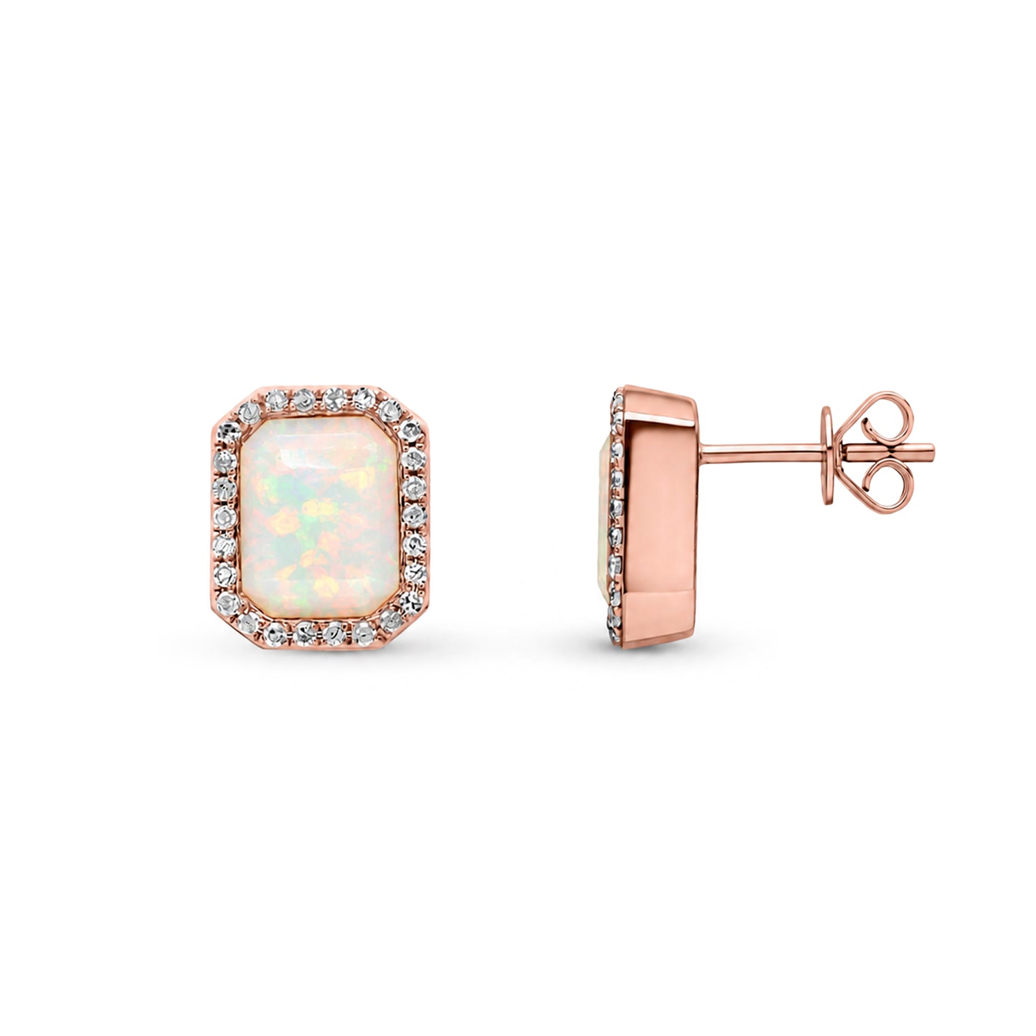 9ct Rose Gold Natural Pink Opal and Diamond Octagon Stud Earrings