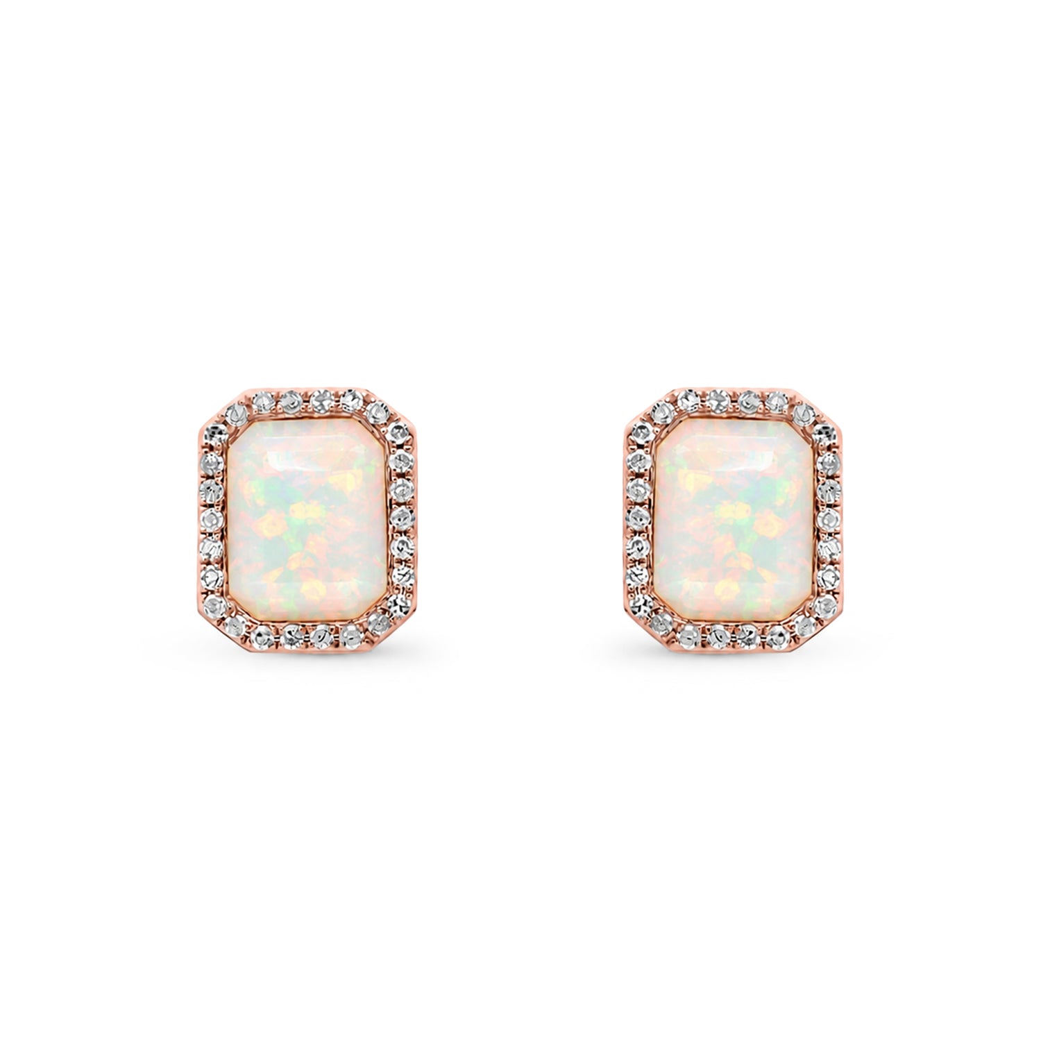 9ct Rose Gold Natural Pink Opal and Diamond Octagon Stud Earrings